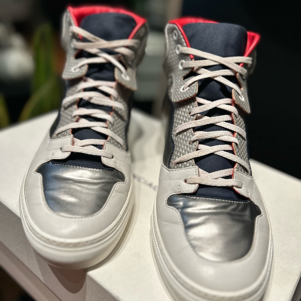 Balenciaga ~ Men's White/Silver Leather High Top Sneakers ~ Size US 8 / EUR 41 - Picture 2 of 9